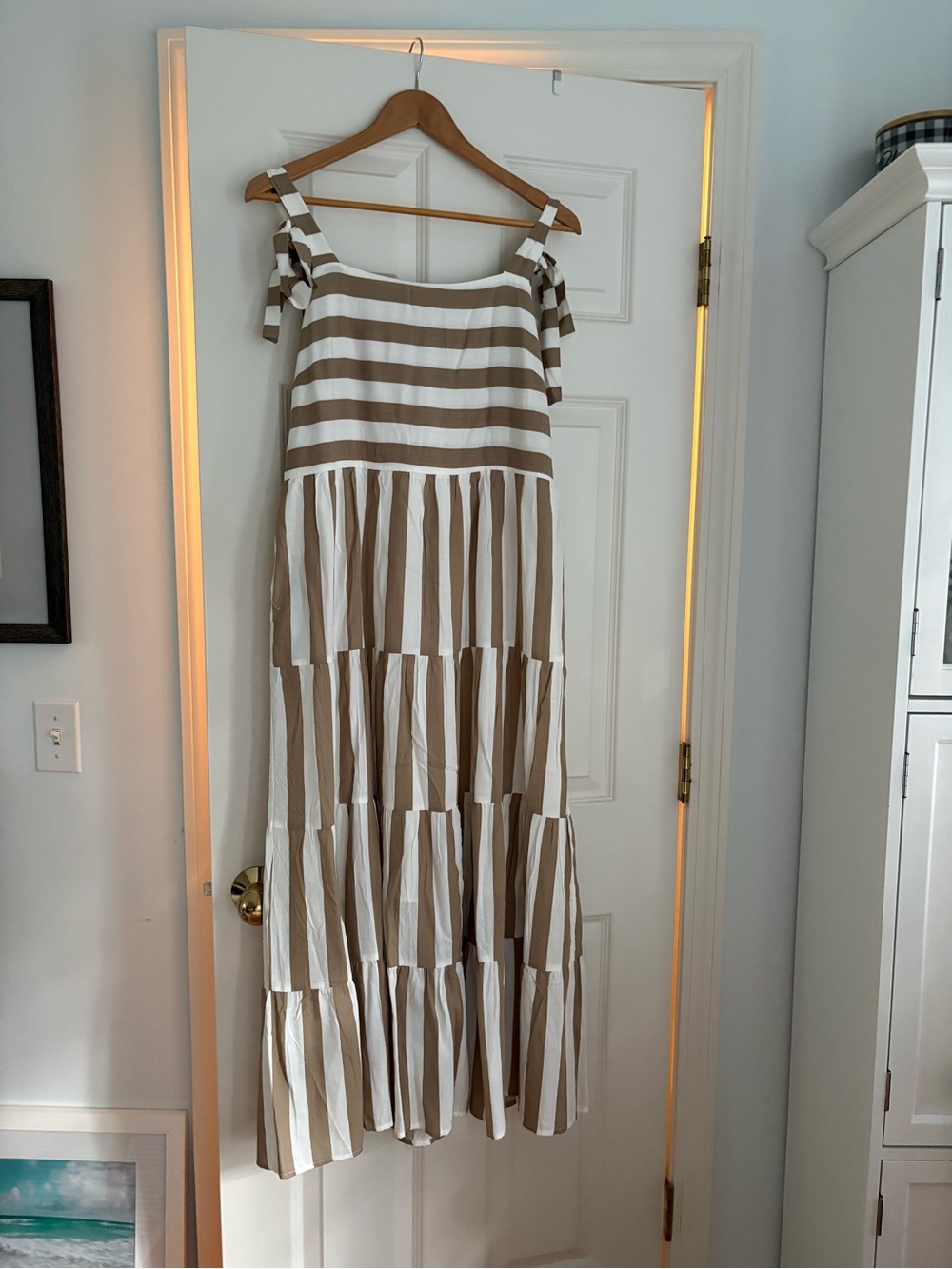 Striped Tiered Maxi Dress in Beige and White